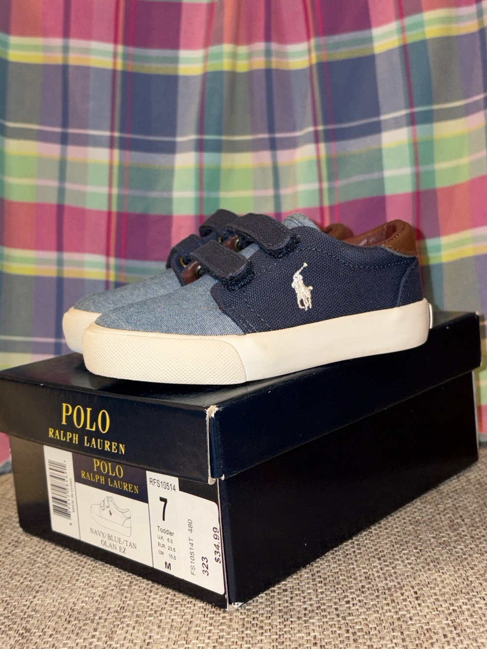 Polo Ralph Lauren Olan EZ Toddler Shoes in Navy, Blue & Tan in Size 7